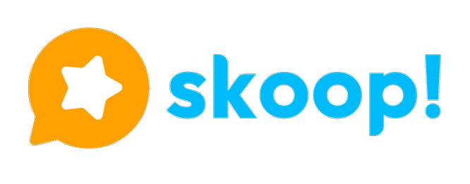 Skoop! logo featuring an orange speech bubble with a white star and blue text