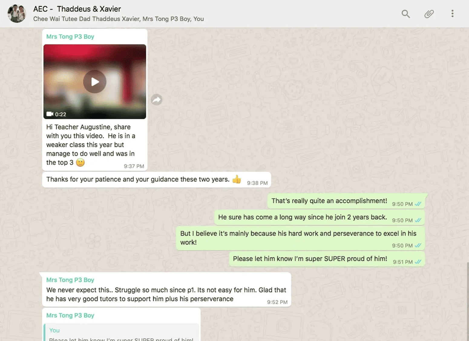 WhatsApp chat showing a parent thanking a teacher for their son Thaddeus's academic improvement, who went from struggling to achieving a top 3 ranking.