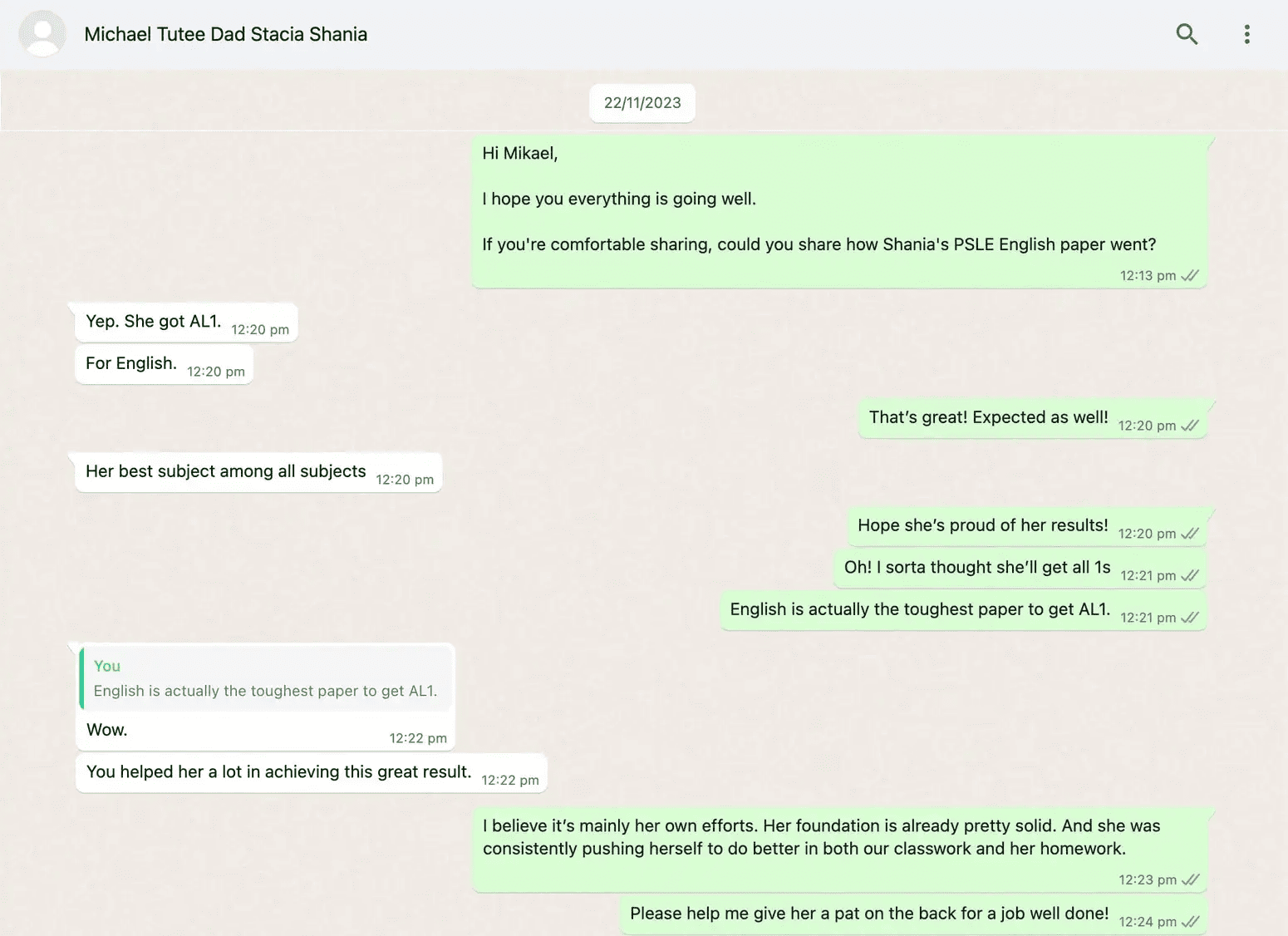 WhatsApp chat showing a conversation between Michael Tutee and a student's dad, celebrating Shania's excellent PSLE English result (AL1).