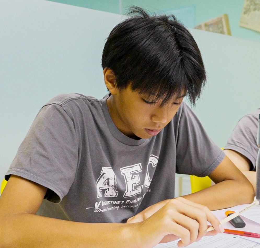 Student focused on studies at a desk with a pencil at the English Centre