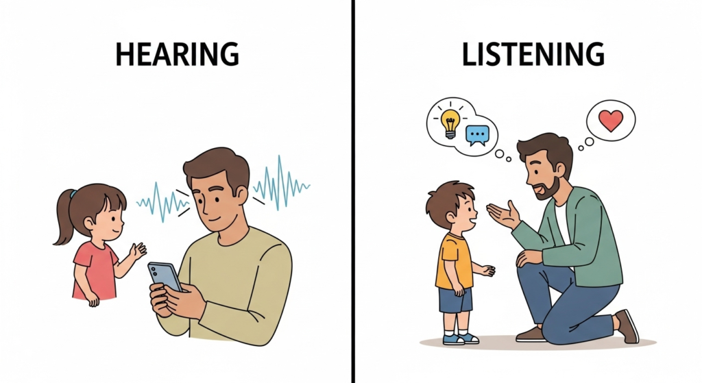 A split image contrasting "Hearing" and "Listening" in a parent-child dynamic.