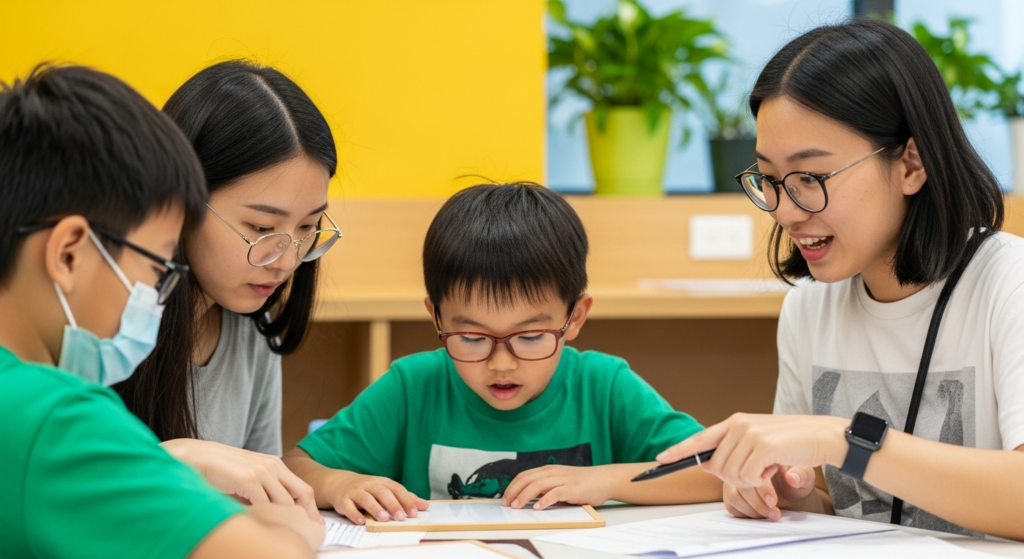 Two young East Asian women and two young Asian boys are intently engaged in studying at a table in a brightly lit educational setting with a vivid yellow background, capturing the essence of "Why Your Child Needs Literary Analysis Skills Now".