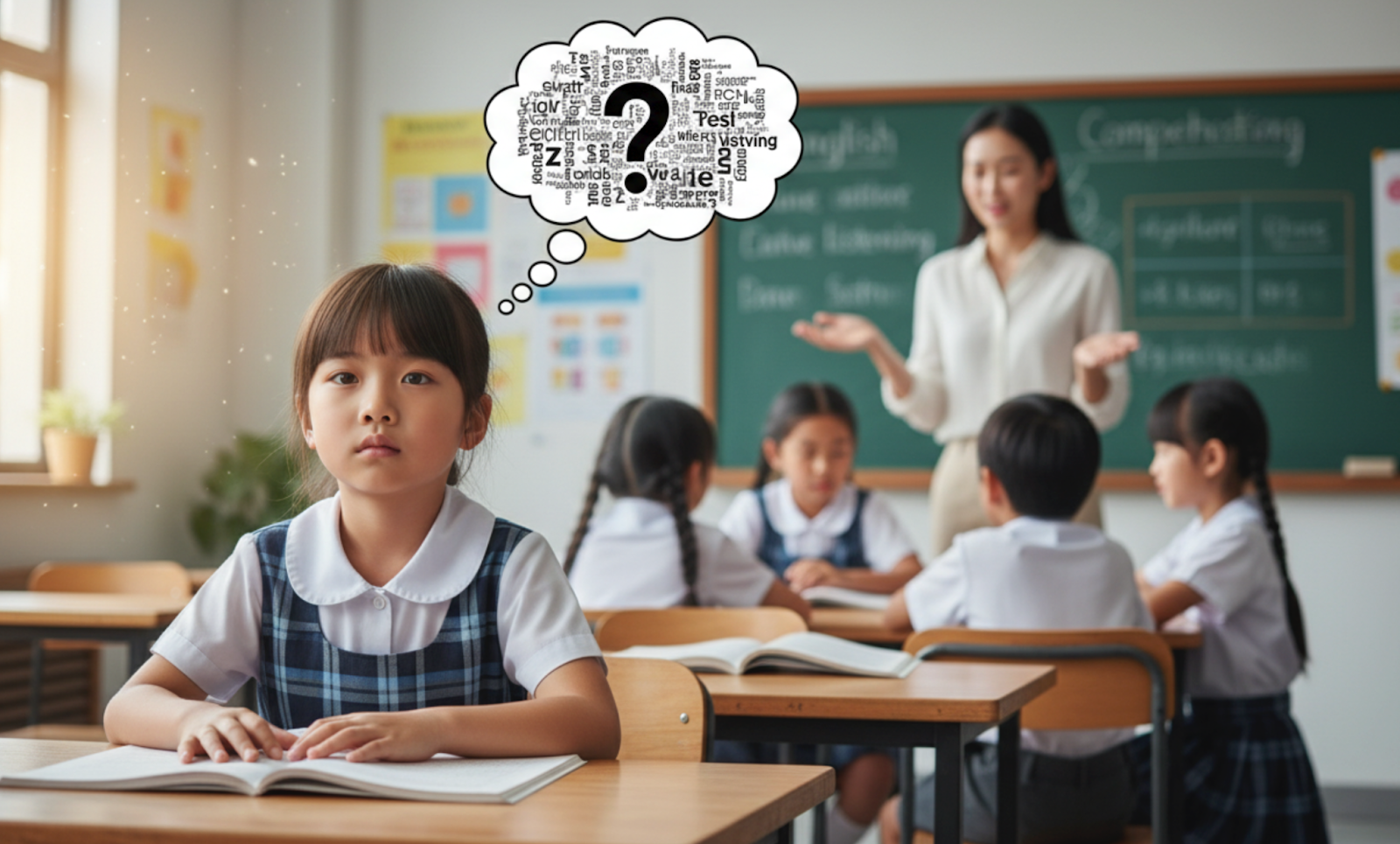 the child is struggling with English listening skills in the class