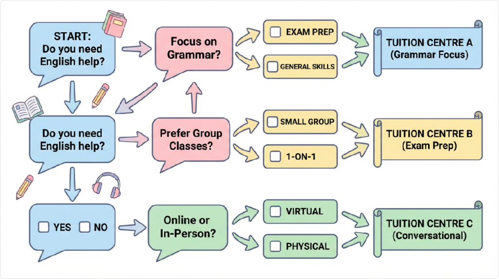 Decision tree flowchart for choosing English tuition centre