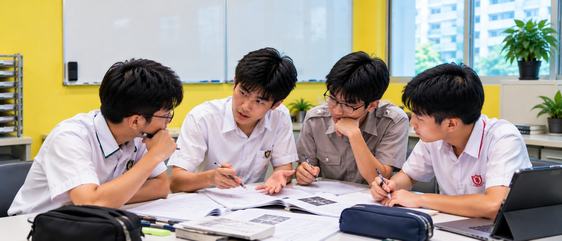 Higher Secondary English tuition students discussing a lesson in a small-group class at Augustine's English Classes