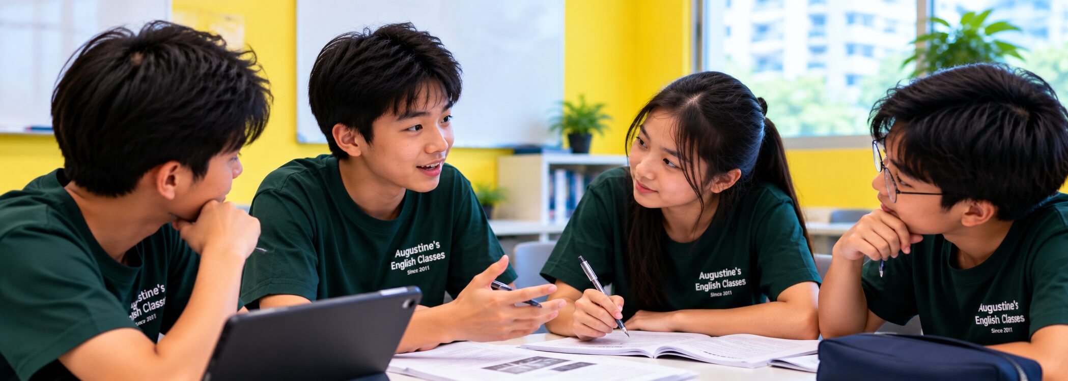 Secondary English tuition students discussing a lesson in a small-group class at Augustine's English Classes
