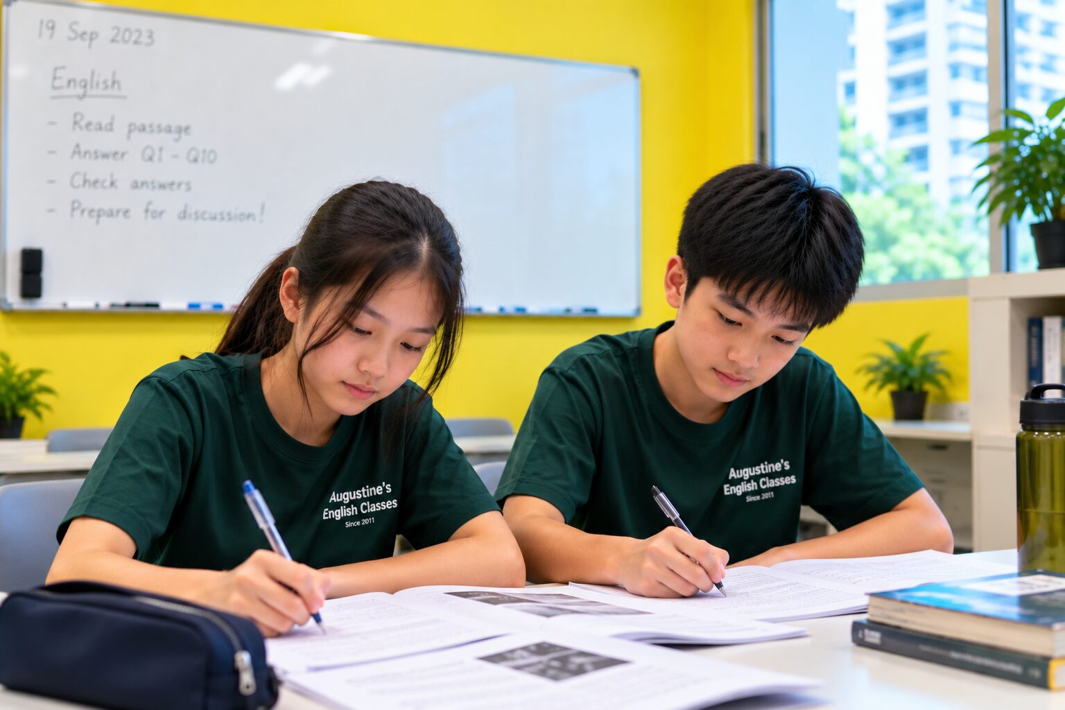 Two Secondary students writing answers to a comprehension passage during an English tuition lesson