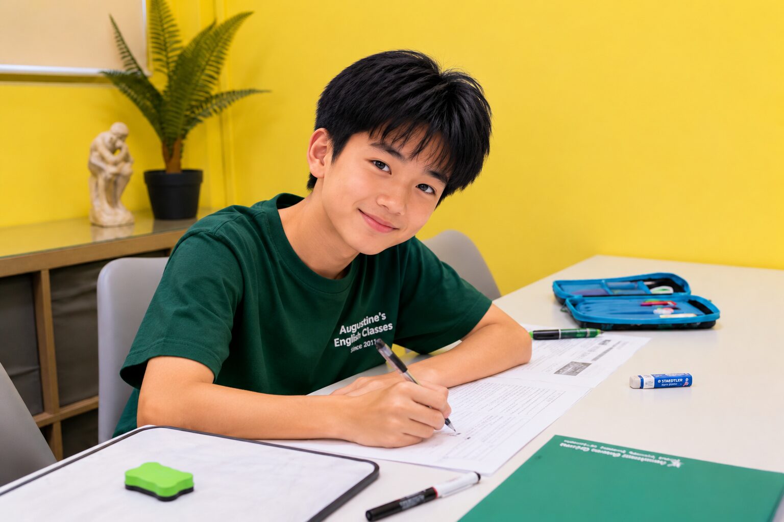 Secondary student smiling while working through an English worksheet at Augustine's English Classes in Singapore