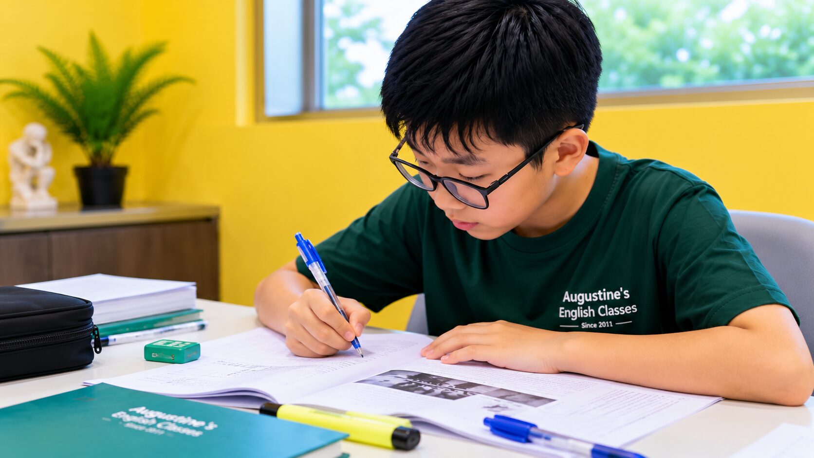 Primary student focusing on an English worksheet during a tuition lesson