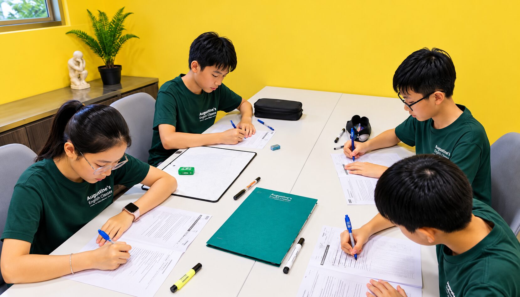 Students writing during a small-group Primary English tuition lesson